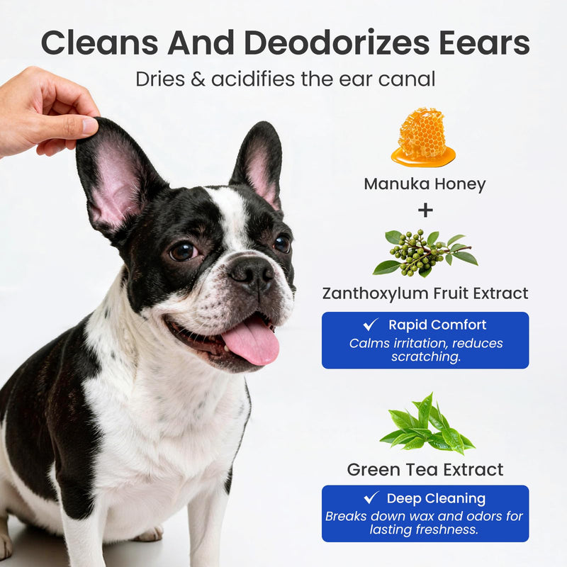 Itch Relief Ear Cleaner for Dogs & Cats Natural Gentle Formula with Manuka Honey & Green Tea - Triple Botanical Wash for Infection & Yeast Prevention, PH Balanced No-Sting 8.45 oz