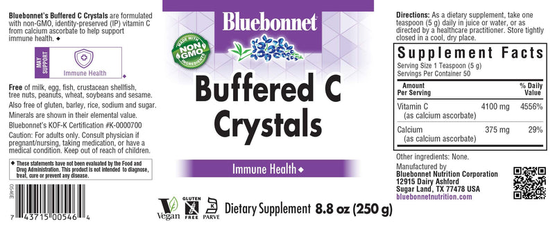 Bluebonnet Nutrition Buffered C Crystals, Buffered Vitamin C Powder, for Immune Health, for Antioxidant Protection, Soy Free, Gluten Free, Non-GMO, Kosher, Dairy Free, Vegan, Powder, 8.8 oz (250 g) | Third-party tested for purity and potency; manufactu...