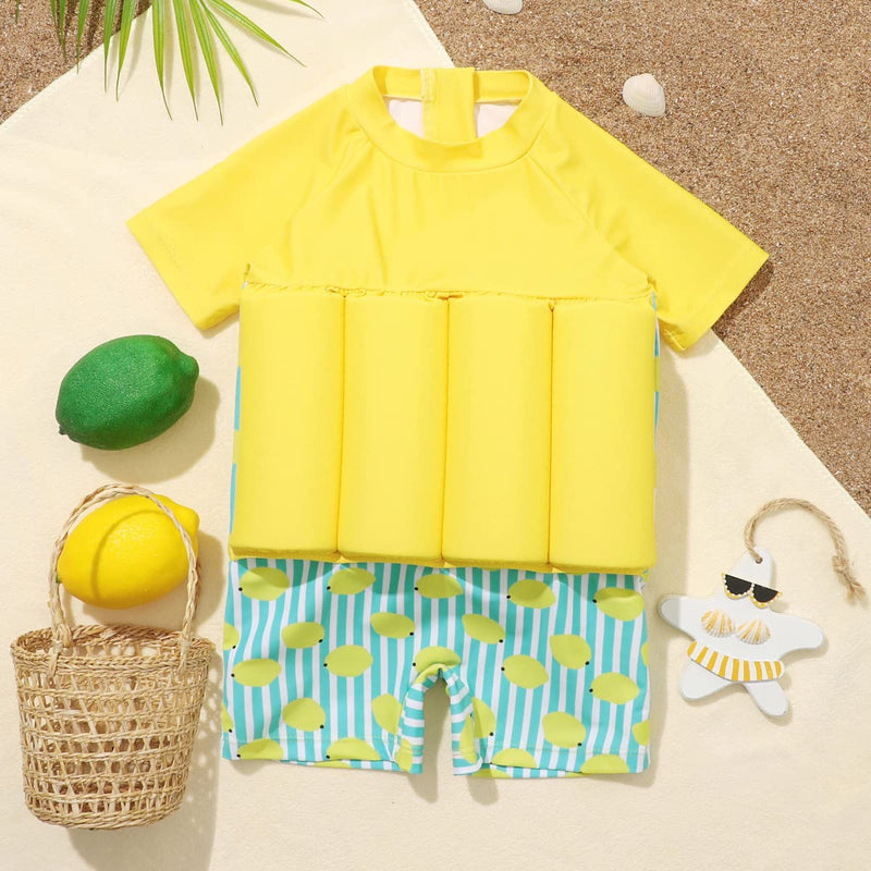 ABEHIK Boy Girls One-Piece Floatation Swimsuit Summer Short Sleeve Bathing Suits with Adjustable Buoyancy Float Suit Swimwear Yellow 2-3T