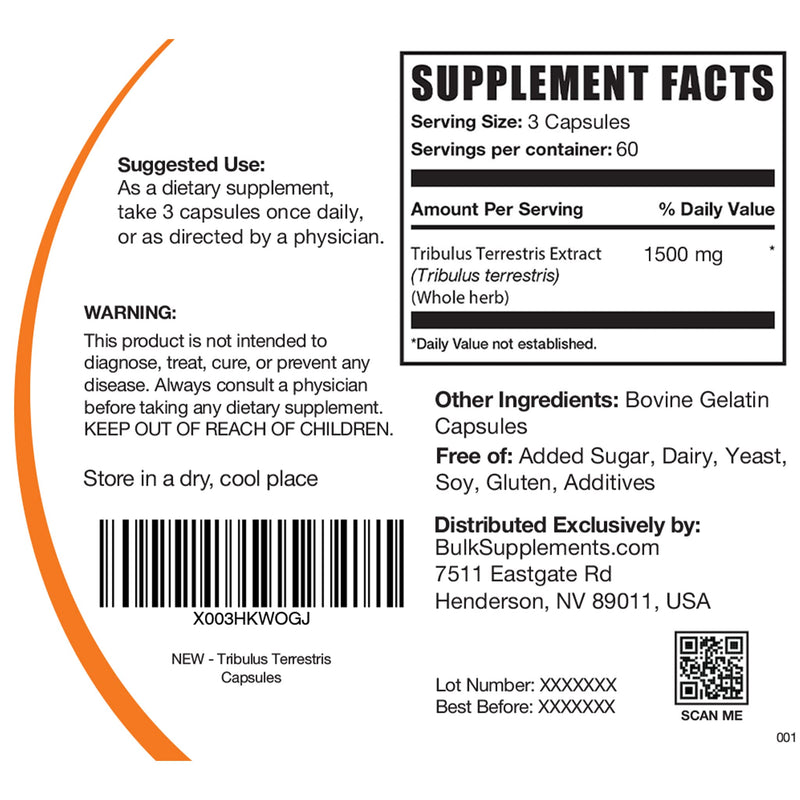 BulkSupplements.com Tribulus Terrestris Capsules - Tribulus Terrestris Supplements, Tribulus Terrestris for Men & Women, Tribulus Terrestris Extract - 3 Capsules per Serving (1500mg), 180 Capsules - BeesActive Australia