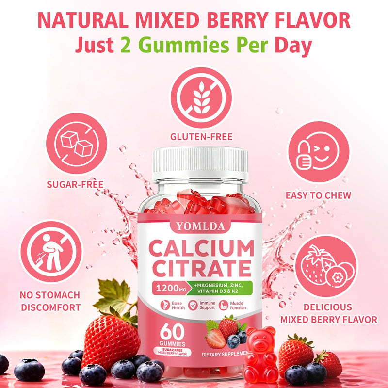 Calcium Citrate Gummies 1200 mg with Vitamin D3 & K2 for Women & Men, Calcium Gummies Sugar Free, Vegan, High Absorption, Easy to Digest for Bone, Muscle & Immune Support, Mixed Berry Flavor 60 Count (Pack of 1)