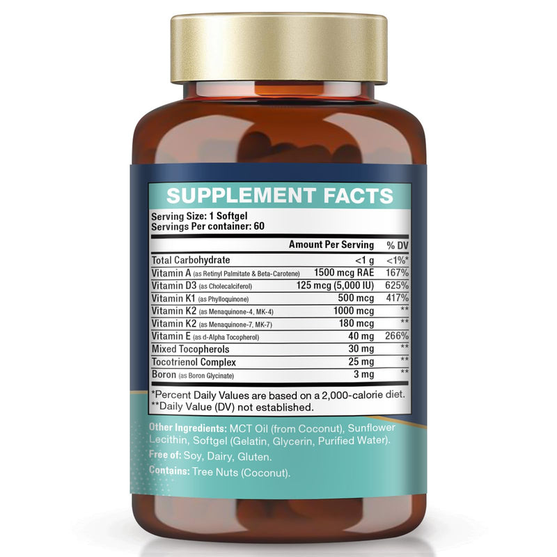 Totaria Advanced Vitamin D3 5,000 iu + A + K + E Softgel Supplement, ADKE Vitamin Supplement with Boron - Full Spectrum Vitamin E (Tocopherols & Tocotrienols) for Mood, Immune, Bone, Vision, Heart