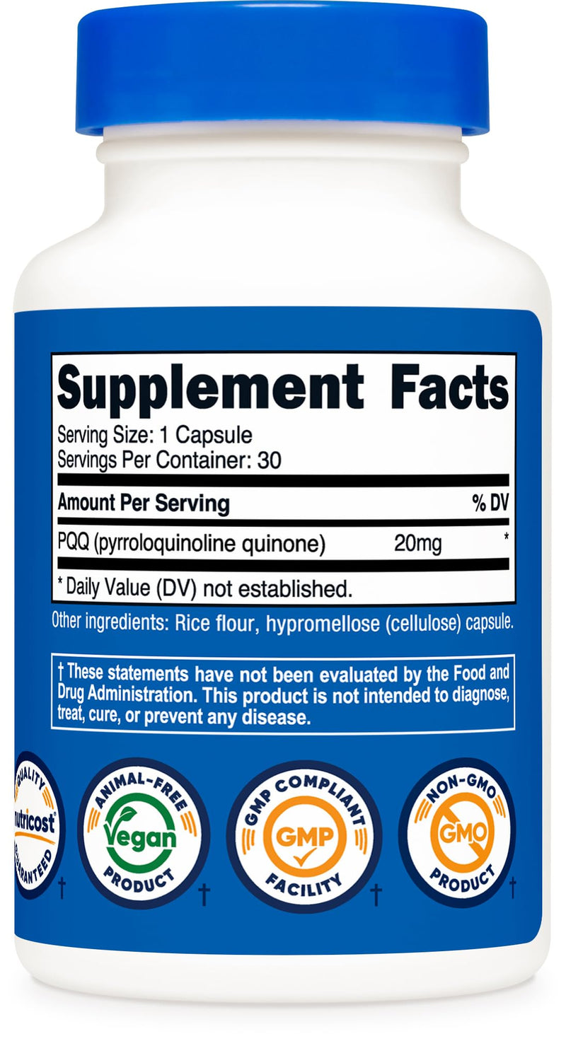 Nutricost PQQ (Pyrroloquinoline Quinone) 20mg, 30 Capsules - Vegetarian Capsules, Non-GMO, Gluten Free 30 Count (Pack of 1)