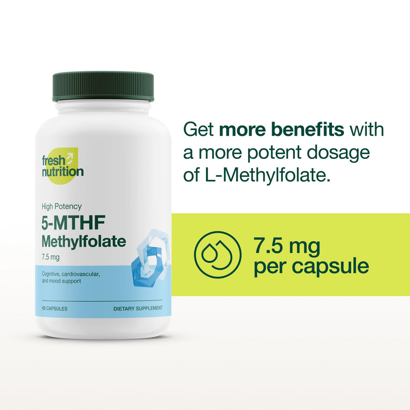 Fresh Nutrition L Methylfolate 7.5mg – DNA Verified for Maximum Potency – Superior Bioavailability – 5-MTHF Methyl Folate - 90 Capsules 7.5mg 90 Capsules