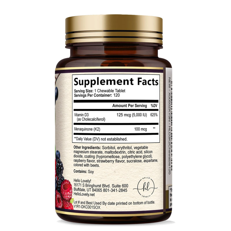 Vitamin D3 K2 - 5000 iu Vitamin D3 Per Serving Vitamin K2 (MK-7) Complex for Immune Support - Natural Bone, Teeth & Muscle Health Support - Berry Chewable, Gluten Free, Bottled in USA - 120 Tablets