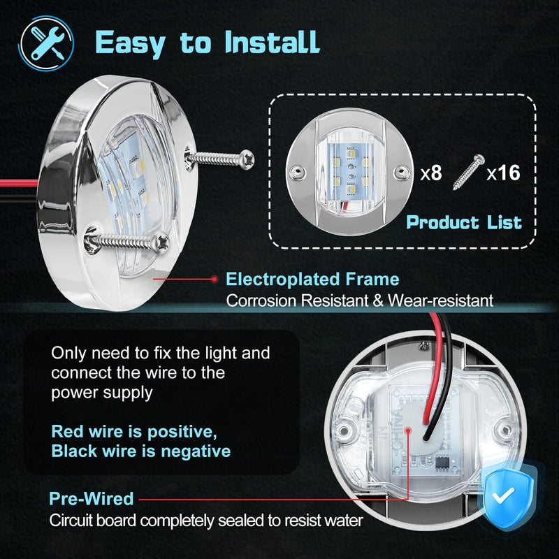UCINNOVATE 8x LED Round Boat Lights, Navigation Light, Courtesy Lights, 4-Color Boat Interior Lights, 12V Boats Transom Light for Yacht, Pontoon Boating, Sailboat, Kayak (Red/Green/Blue/White) 8PCS(ROUND) R/G/B/W - BeesActive Australia