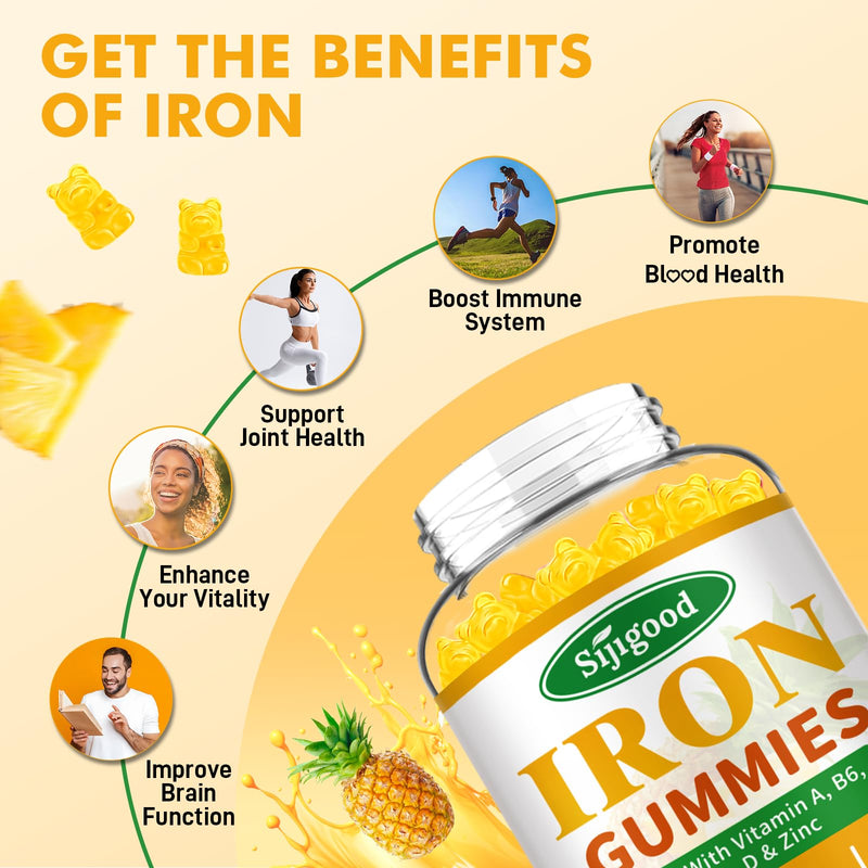 2 Pack Iron Gummies for Women & Men - Vegan Iron Supplement for Anemia & Iron Deficiency, with Vitamin B12, Vitamin C, Zinc, Folate - Energy Boost, Sugar-Free, Pineapple Flavor, 120 Count 60 Count (Pack of 2)