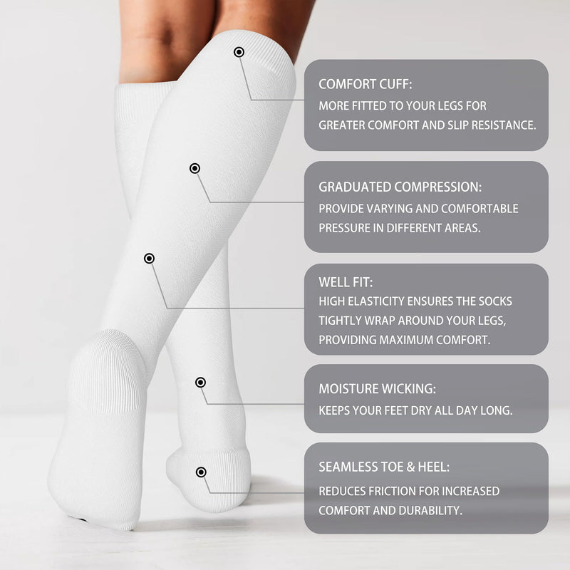 LEVSOX Cotton Compression Socks for Women&Men 20-30mmHg Knee High Cute Support Sock for Nurses Pregnancy Travel 2 Pairs-white Small-Medium