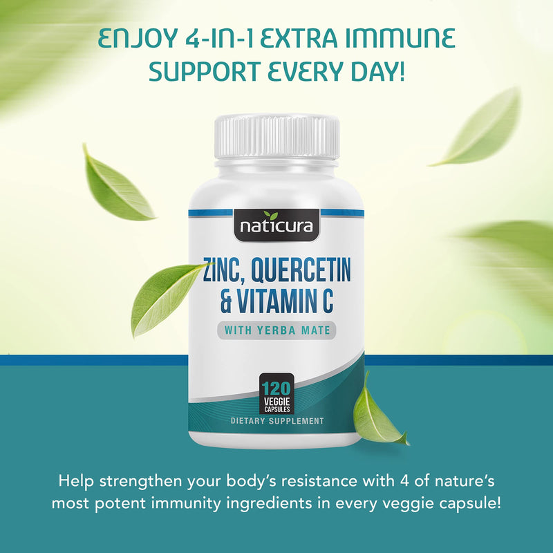 Naticura Zinc Quercetin Immune Support Supplement with Vitamin C 120 Caps | High Absorption Zinc Picolinate, Vitamin C and Zinc, CoQ10 Formula for Immune Support, Heart, Lung, Brain Health, Made in USA