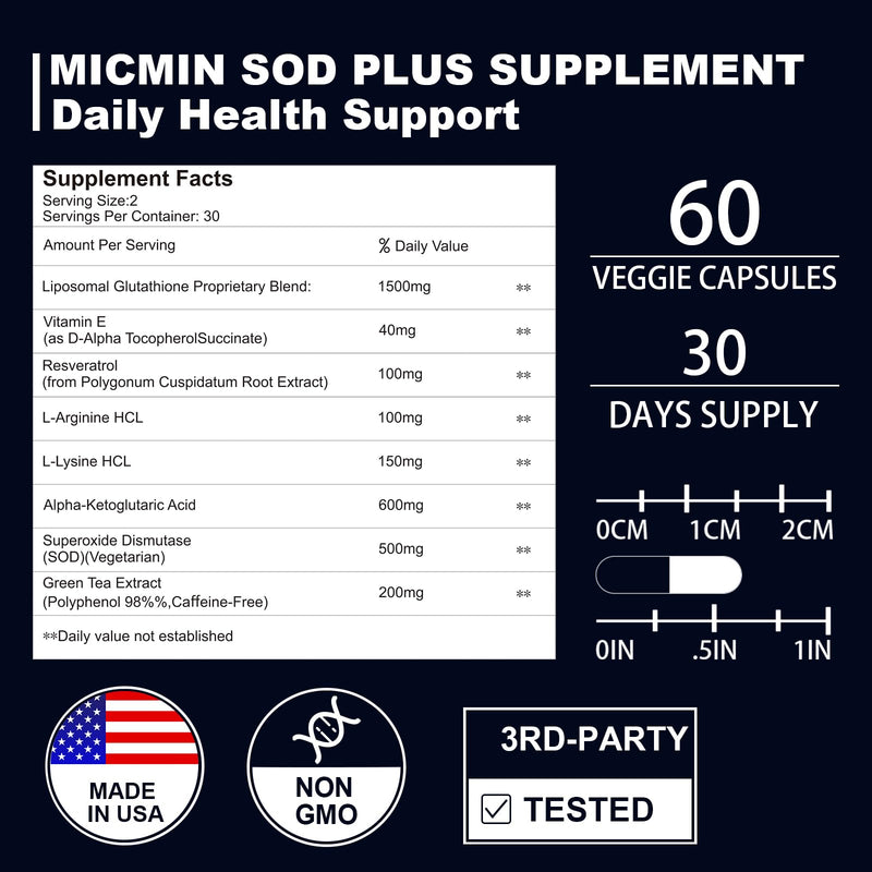 Superoxide Dismutase Supplement 500mg - SOD Plus with Liposomal Glutathione, AKG, Green Tea Extract, L-Arginine, Lysine, Resveratrol and Vitamin E for Immune Support, Antioxidant 180 Capsules