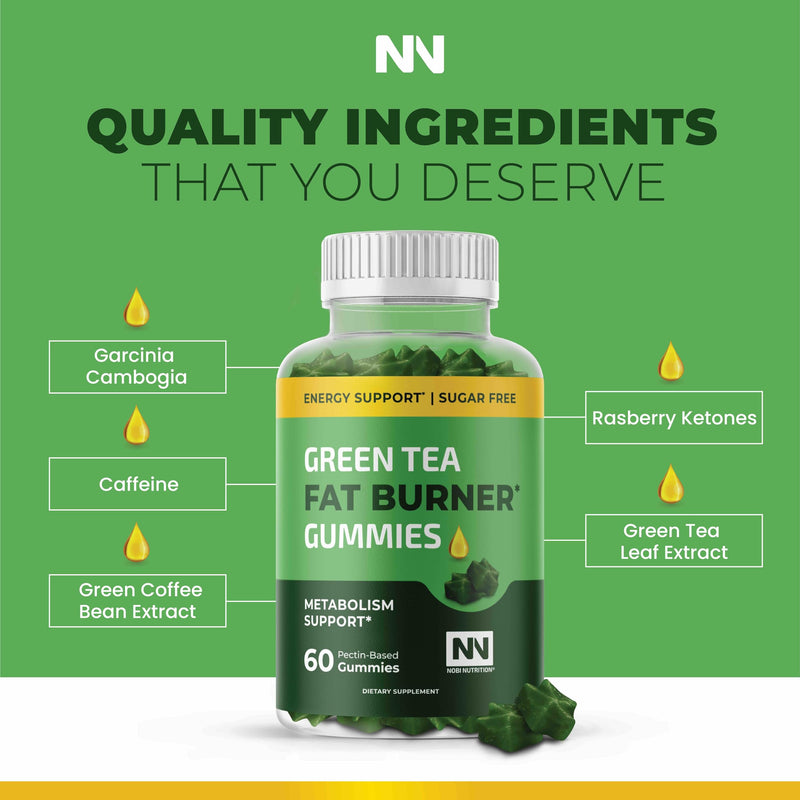 Green Tea Fat Burner Gummies for Weight Loss, Metabolism & Appetite Support | Metabolism Booster & Appetite Suppressant with Green Coffee Bean, Burn Belly Fat For Women & Men, Apple Flavor, 60 Gummies