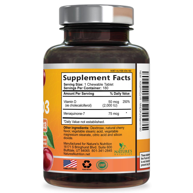 Vitamin D3 K2 Supplement - 2000 IU D3 Per Serving - Extra Strength MK-7 K with Vitamin D3 - For Immune Support, Heart, Teeth & Bone Health - Easy to Swallow D3K2 Chewable, Berry Flavor - 180 Tablets 180 Count (Pack of 1)