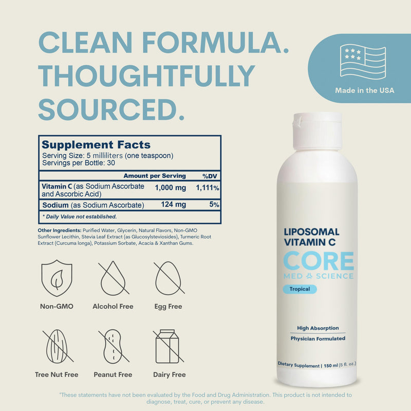 Core Med Science Liposomal Vitamin C Liquid 1000mg - 5 Fl Oz, 30 Servings | Physician Developed, High Absorption to Support Immunity, Collagen & Skin Health – Quali-C Ascorbic Acid, Made in USA Tropical Formula