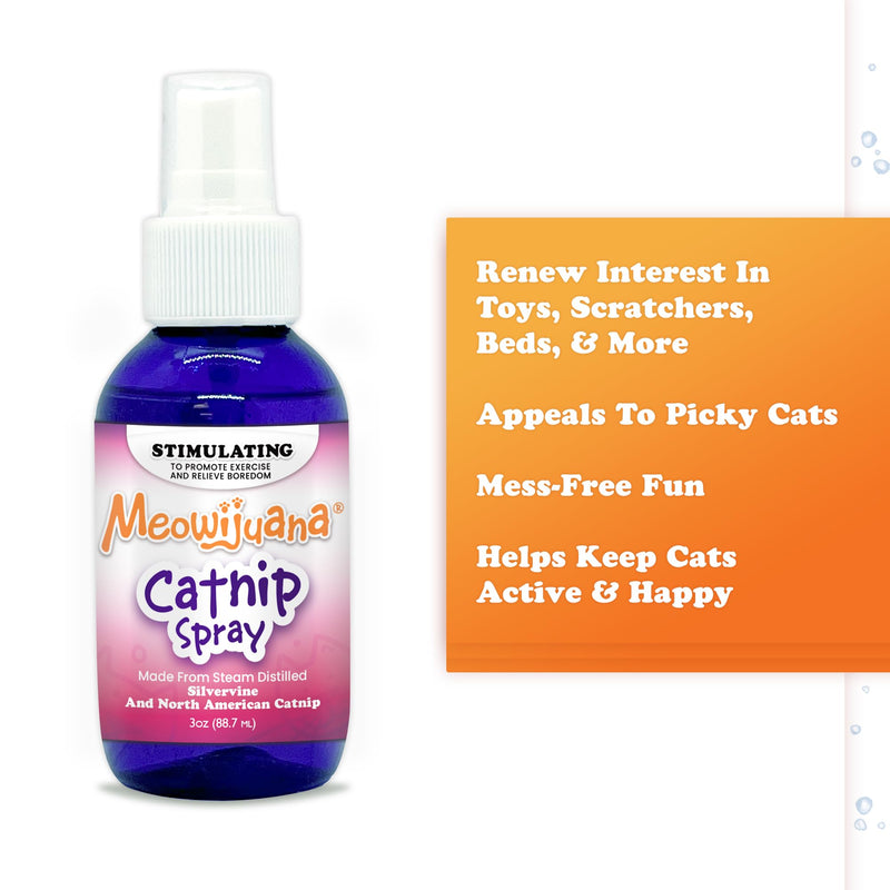 Meowijuana Catnip & Silvervine Spray - 3 oz | High Potency Formula | Natural Formula for Pet Owners & Multi-Cat Households | Enhance Playtime & Relaxation | Perfect for New Cat Owners Catnip Spray with Silvervine