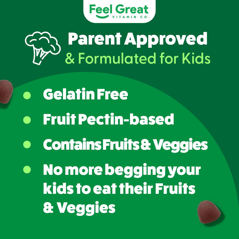 Feel Great Super Green Gummies for Kids | Fruit and Vegetable Gummies | Vegan Veggie Gummy Multivitamin for Kids | Veggie Fiber Supplement | 60 Count | Kale, Broccoli & Veggie Blend, Natural Fiber, Watermelon Flavor, Immune Support Gummy for Kids