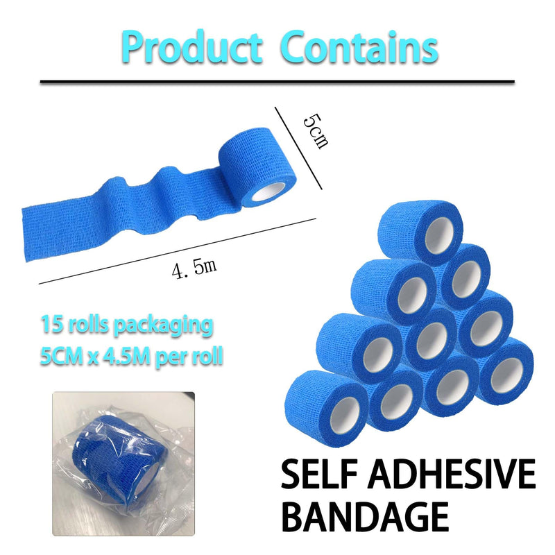 15 rolls of self-adhesive bandage, 5 cm x 4.5 m, non-woven plaster roll, bandage material for humans and animals, elastic bandage, fixing bandage, self-adhesive bandage for sports, pets (blue), 15 rolls blue - BeesActive Australia