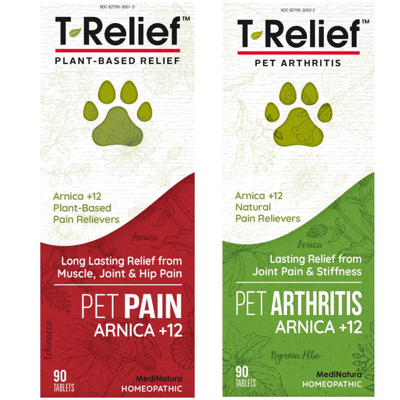 MediNatura Plant-Powered Pet Pain Relief Bundle T-Relief Pet Pain Tablets (90) + T-Relief Pet Arthritis (90) 12 Plant-Based Homeopathic Pain Relievers with Arnica - Support for Muscles, Joints + HIPS - PawsPlanet Australia