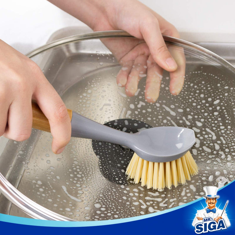 MR.SIGA Dish Brush with Bamboo Handle Built-in Scraper, Scrub Brush for Pans, Pots, Kitchen Sink Cleaning, Pack of 2 Gray - BeesActive Australia