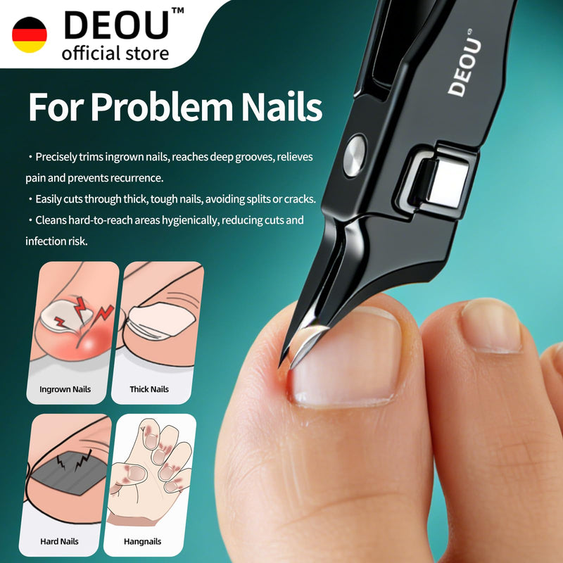 DEOU Ingrown Toenail Clippers with Nail File, Premium Stainless Steel Oblique Cutter, Anti-Splash One-Piece Casting, Manicure Tool with Keyhole, Gift Box for Thick/Hard/Fungal Nails Black Diagonal Scissors