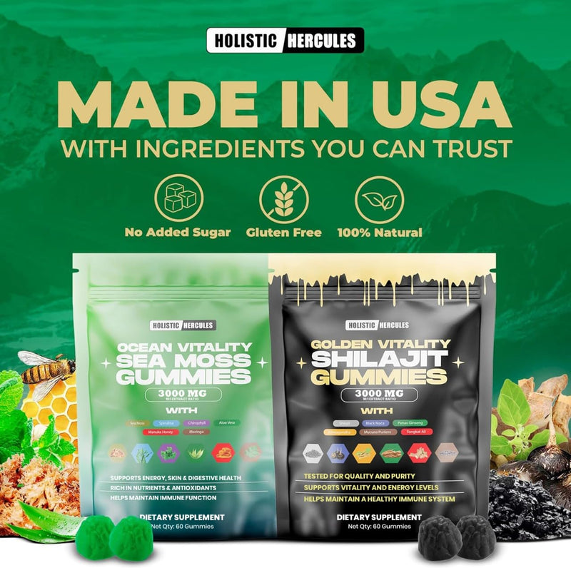 Sea Moss & Pure Himalayan Shilajit Gummies Gold | 100% Natural Organic Vegan | No Added Sugar | Ashwagandha Tongkat Ali Ginseng Spirulina Moringa Manuka Honey | 60 Gummies 2 Pack
