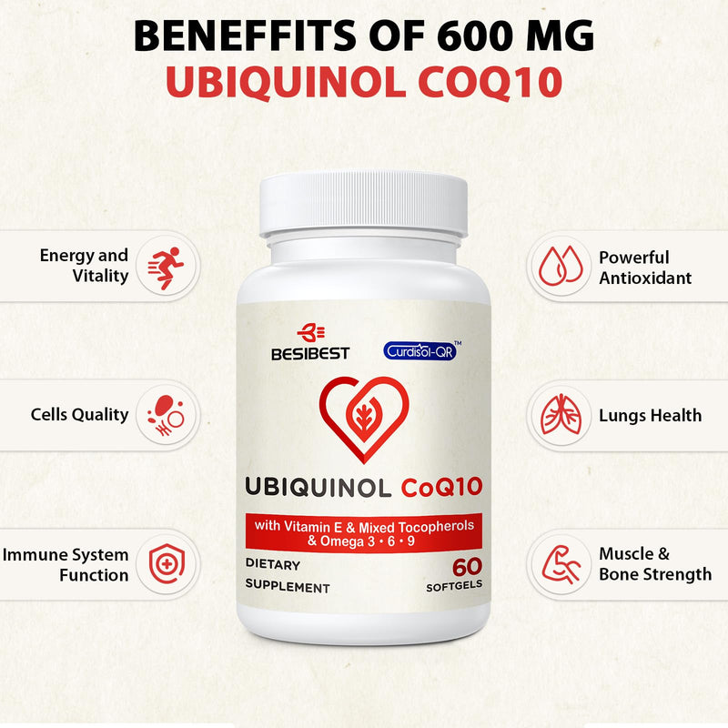 Ubiquinol CoQ10-600mg-Softgel, Active Form of Coq10 Ubiquinol Supplement with Vitamin E & Omega 3, 6, 9, High Absorption-Coenzyme-Q10, Powerful Antioxidant for Energy Production, 240 Count 60 Count (Pack of 4)