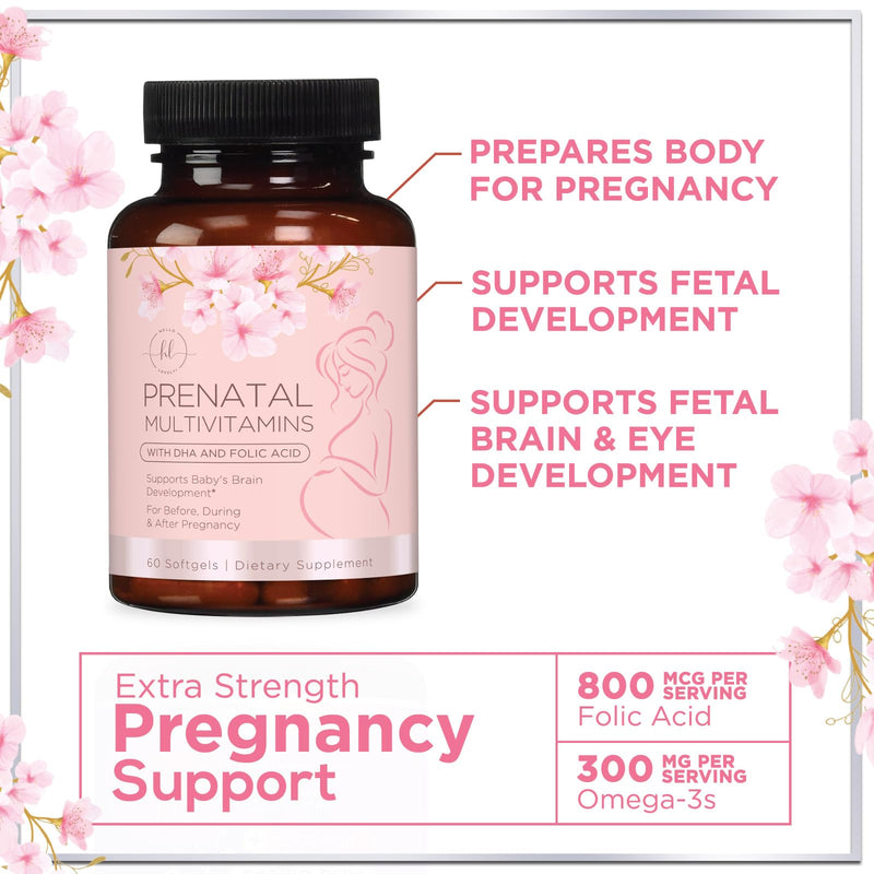 Prenatal Vitamins for Women with Folic Acid + Omega 3 DHA for Fetal Development Support - Prenatal Vitamin Supplement For Mom & Baby - Daily Pregnancy Multivitamin Nutritional Support - 60 Softgels 60 Count (Pack of 1)