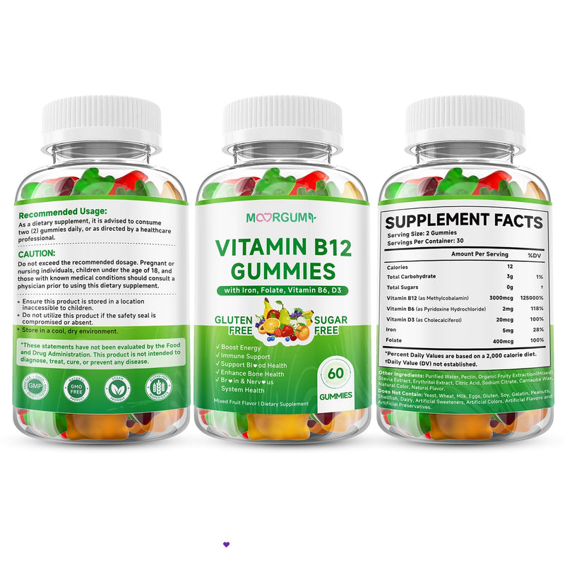1 Pack Methyl B-12 3000mcg Gummies for Kids & Adults, Vitamin B12 (Methylcobalamin) with Vitamin B6, Folate & D3, Supports Energy, Metabolism & Immune Wellness, 60 Count 60 Count (Pack of 1)