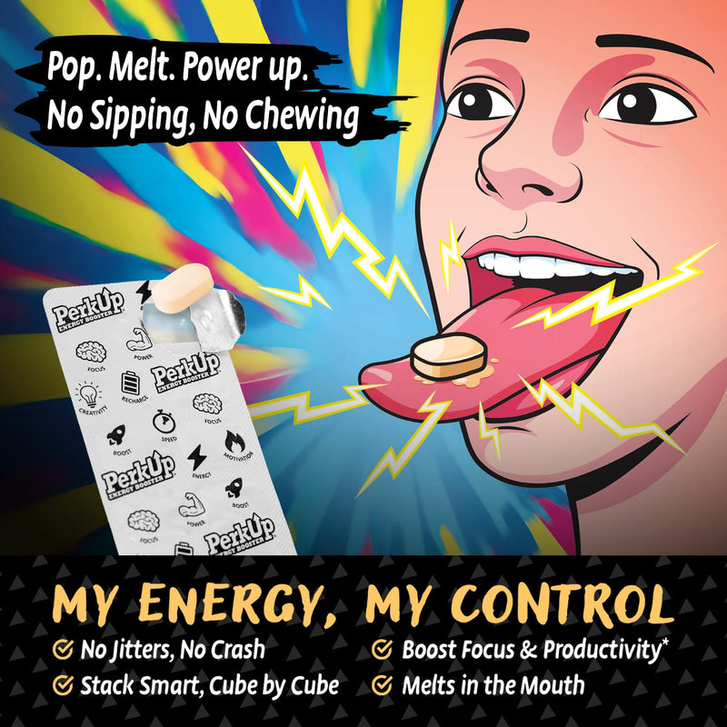 HealthA2Z® PerkUp® Energy Booster, Natural Caffeine 50mg, B Vitamins, Melt-in-Mouth Cubes, Sugar Free, Zero Calorie, Energy, Focus & Productivity