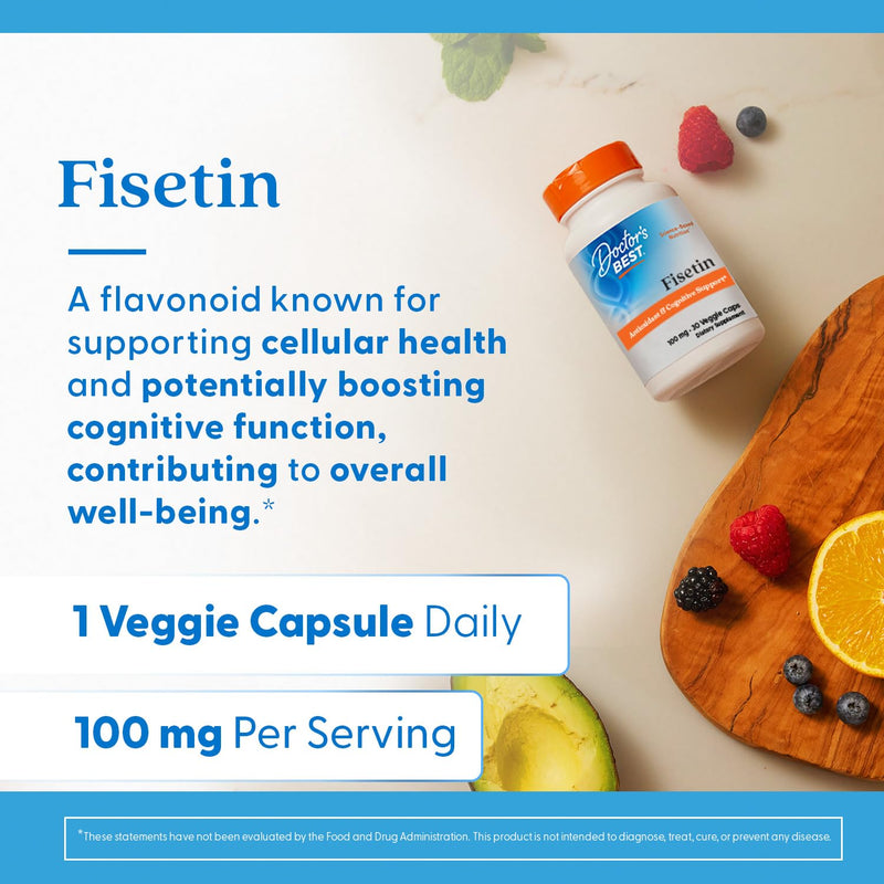 Doctor's Best Fisetin Supplement 100 mg for Men & Women - Brain Health & Antioxidant Support, Fisetin Capsules (as Novusetin) 100mg per Serving, Vegan, Gluten Free, Soy Free, Non GMO - 30 Veg Caps Unflavored 30 Count (Pack of 1)