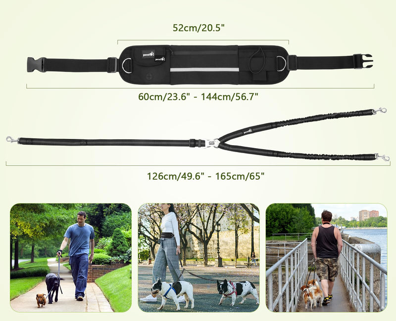 Pecute Hands Free Dog Leash 2 Dogs, Waist Belt Fanny Pack with Soft Padded, Dual Dog Leash with Pouch, 3 Padded Handles, Durable Bungee, Black Waist Dog Leash for Running Walking Hiking Jogging Biking Black-new - BeesActive Australia