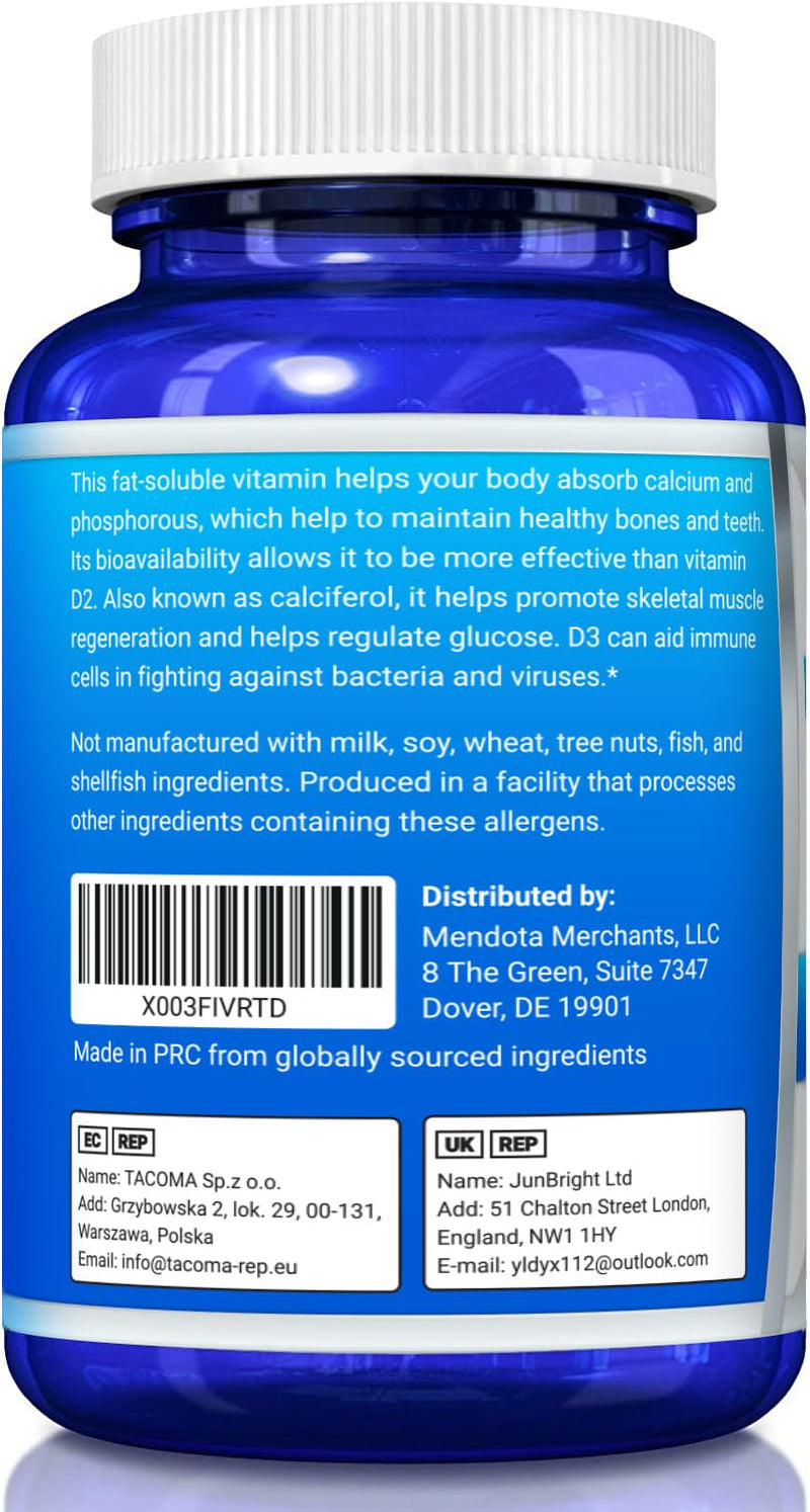 Vitamin D3 4000 IU Dietary Supplement - 360 Softgels - Bone & Immune Health | YounGlo Research GMP-certified, easy-to-swallow Vitamin D3 w/ olive oil promotes calcium absorption, bone strength & immunity