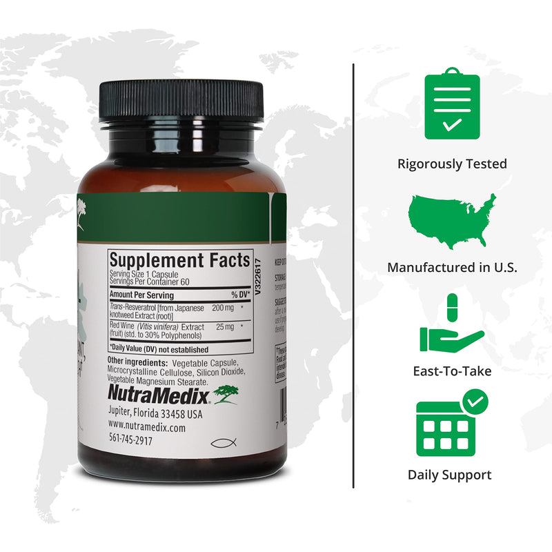 NutraMedix Resveratrol Capsules - Bioavailable Antioxidants Supplement from Red Wine Extract + Grape Skins - 200mg Japanese Knotweed for Immune & Cardiovascular Support (60 Capsules)