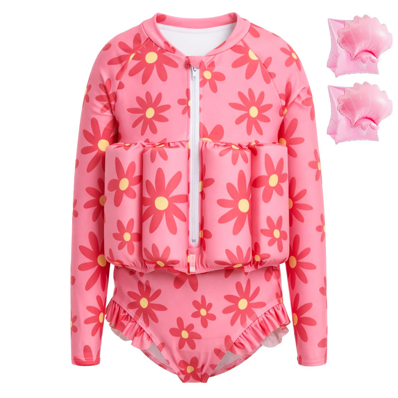 Toddler Swimsuit with Floatation, Baby Girls Long Sleeve Floating Bathing Suit Swim Suit for Summer Beach 4-5T Pink