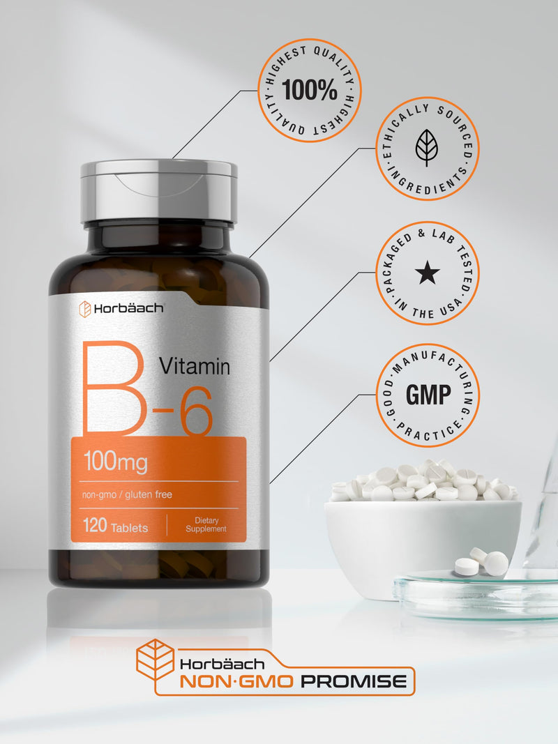 Horbaach Vitamin B6 100mg | 120 Tablets | Pyridoxine HCl | Vegetarian, Non-GMO & Gluten Free Supplement