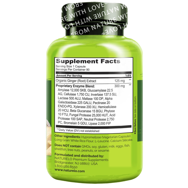 NATURELO Digestive Enzymes with Ginger, 90 Vegan Capsules | Full Spectrum Support, Broad Blend of 15 Digestive Enzymes for Men and Women Unflavored 90 Count (Pack of 1)