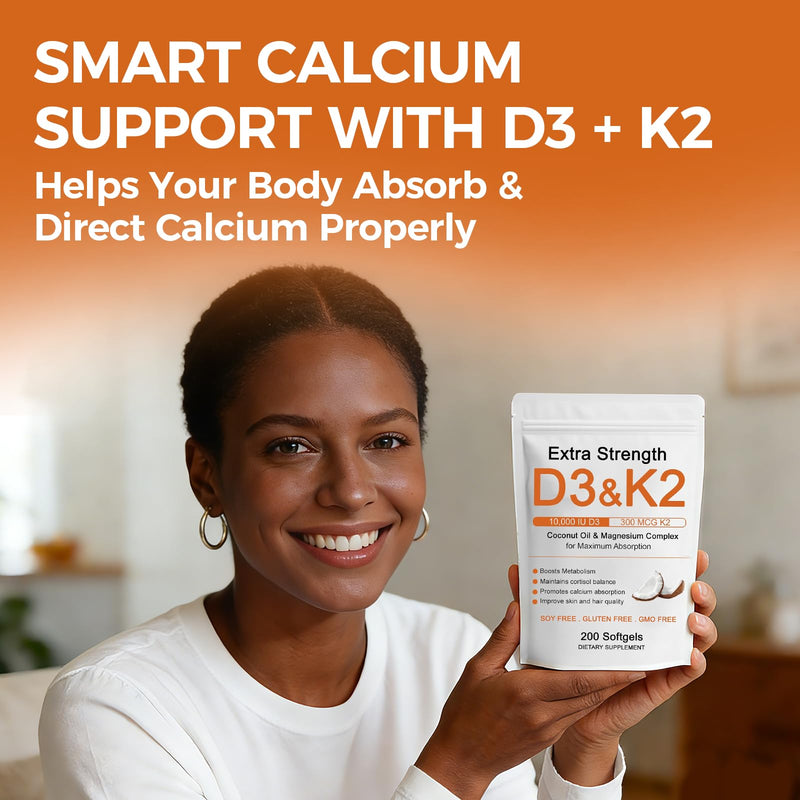 D3 K2 Vitamin 10000 IU, Extra Strength Wellness D3K2 with Triple Magnesium & Coconut Oil for Maximum Absorption, Support Bone & Immune Health, Non-GMO,Easy to Swallow, 200 Softgels 1pc