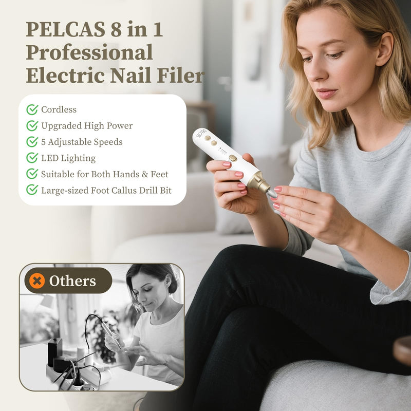 PELCAS 8 in 1 Cordless Nail Drill, Electric Nail Filer 5 Speeds Manicure & Pedicure Kit with LED Light, Electric Foot Callus Remover for Foot Callus, Toenail, Thick Nails, Finger Nails Golden - BeesActive Australia