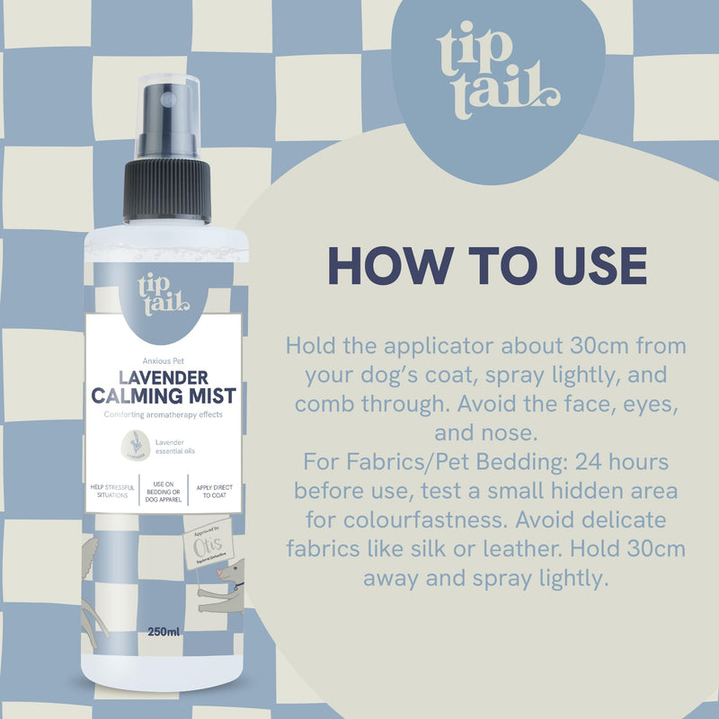 Tip Tail Lavender Calming Mist for Dogs - Comforting Aromatherapy to Calm Stressed and Anxious Dogs. Use on Bedding, Apparel or Directly on Dog's Coat, Natural, pH-Neutral Formula (250 ml)