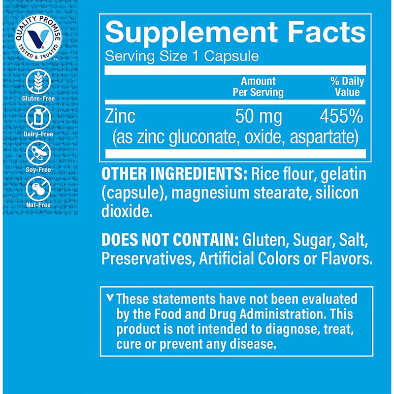 The Vitamin Shoppe Zinc 50 MG, Immune & Antioxidant Support, 100 Capsules | Essential Mineral Supplement to Support Immune Function, Skin Health & Antioxidant Protection 100 Count (Pack of 1)