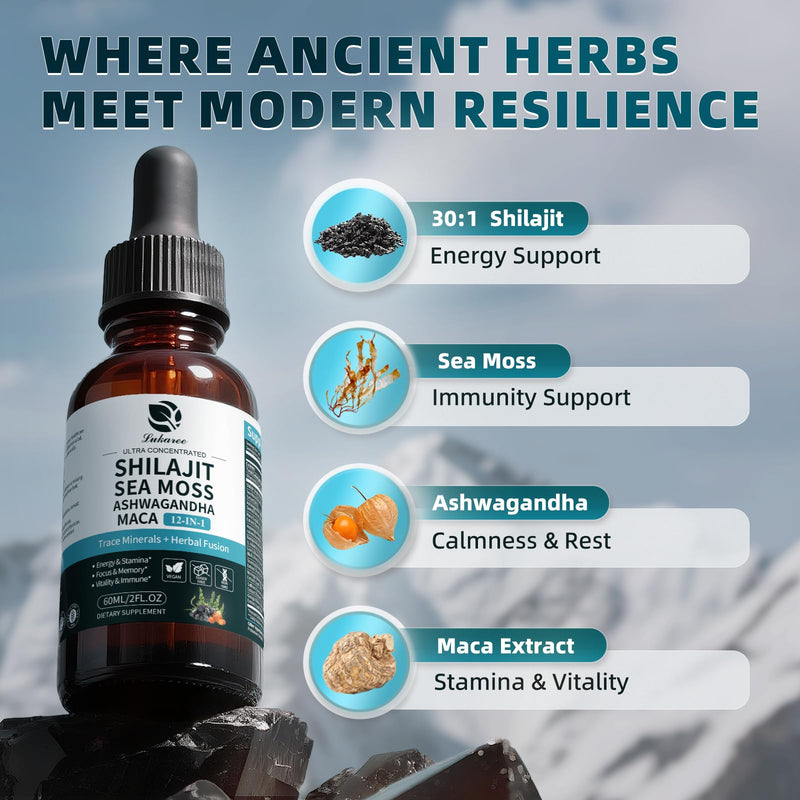 Shilajit Liquid Drops, 12-in-1 Complex - Sea Moss, Ashwagandha, Maca, Fulvic Acid, Trace Minerals, Liquid Vitamins Supplement for Men and Women, Energy, Antioxidant, Immune Support, 60ML/2 FL Oz