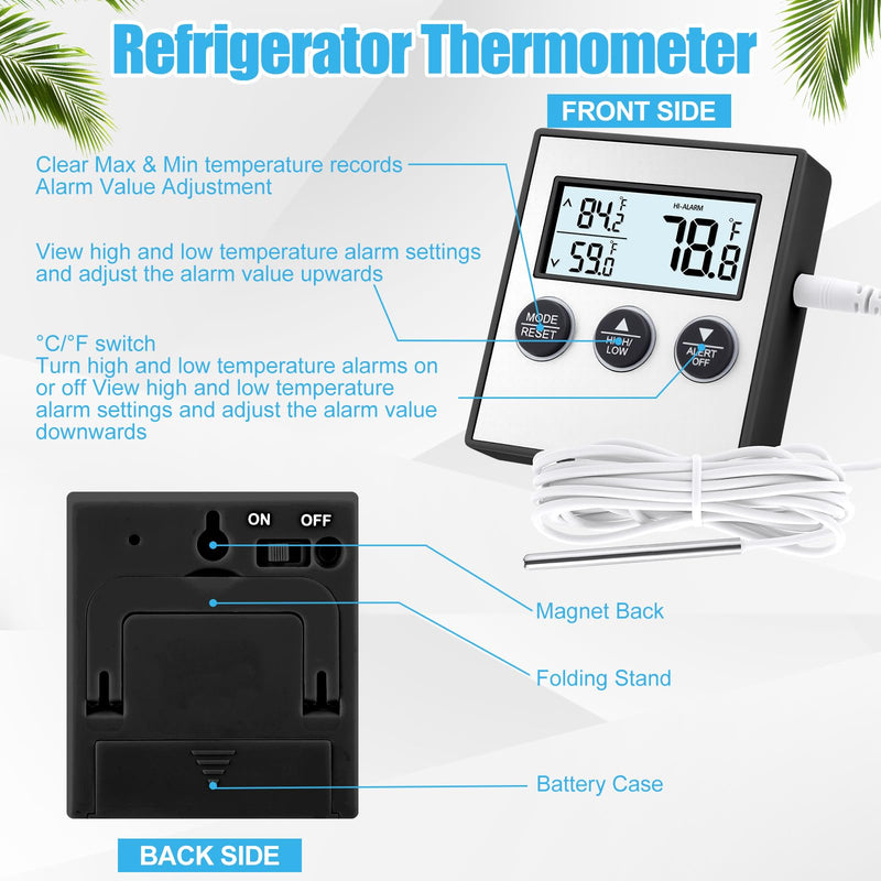 Relaxweex 3 Pack Refrigerator Thermometer Freezer Alarm Digital Thermometer with Sensor, High and Low Alarm Memory Function for Freezer Fridge Kitchen Aquarium (Black,Silver) black, silver