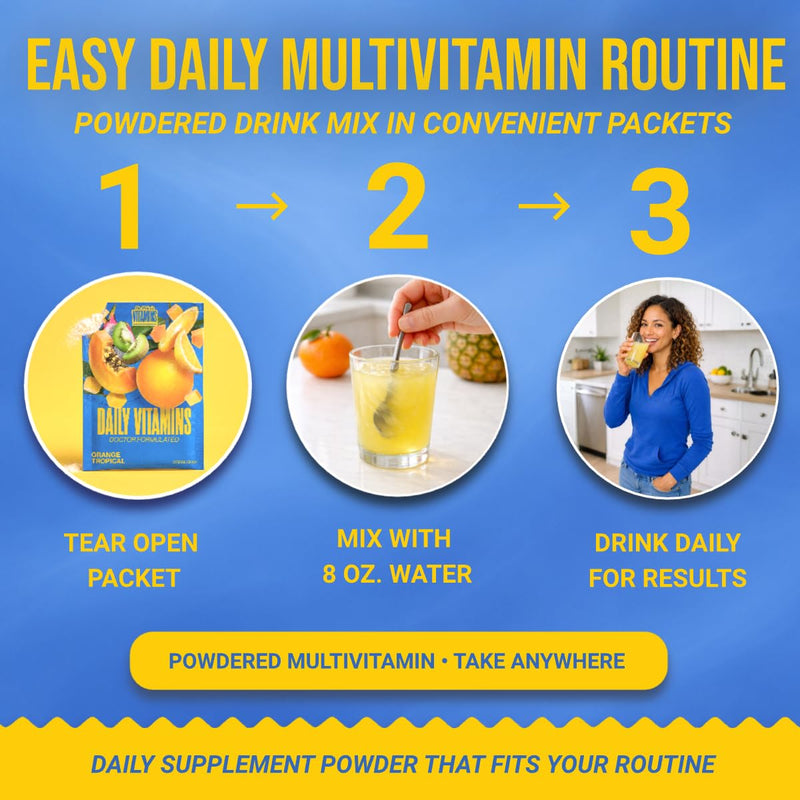 Dr. Price's Vitamins Multivitamin Powder, Vitamin C, Orange Tropical, 30pk | Daily Supplement Drink Mix, Vitamin D3, B12 & B Complex, Minerals, Sugar Free, Made in USA, Doctor-Formulated