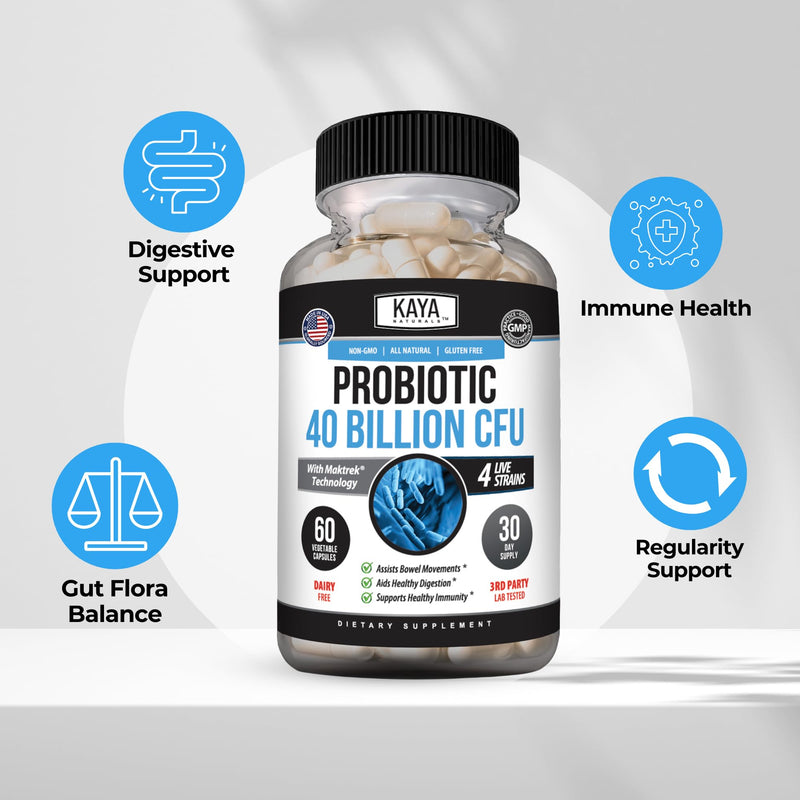 Kaya Naturals Probiotic 40 Billion CFU, Prebiotic, 4 Strains, 60 Capsules | 40 Billion CFU at Manufacture; 4 Probiotic Strains; Prebiotic FOS; MAKTREK Bi-Pass Technology; Gluten & Dairy Free 60 Count (Pack of 1)