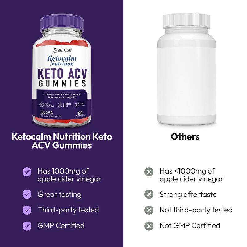 Justified Laboratories Ketocalm Keto ACV Gummies (1000 mg) - 60 Count - Formulated with Apple Cider Vinegar, Folate & Vitamin B12 - Non-GMO, Vegan, Gluten Free - 30 Servings 60 Count (Pack of 1)