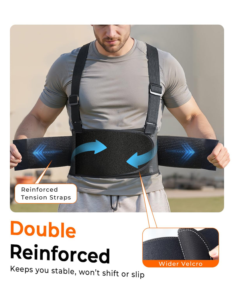 Medical-Grade Work Back Brace with Adjustable Shoulder Straps [Stronger Support & Breathable Mesh] Lower Back Support Belt for Men Women - Pain Relief for Lifting, Warehouse, Construction & Moving Black Medium