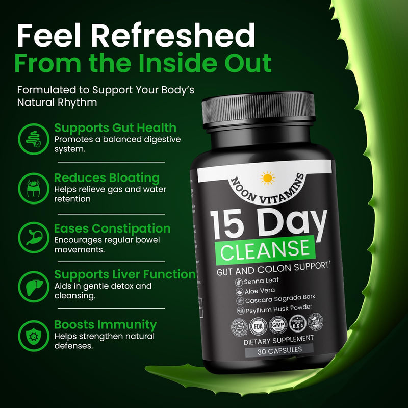 15-Day Colon Cleanse & Gut Detox – Natural Probiotic Cleanser with Senna Leaf, Psyllium & Aloe – Halal for Men & Women – Supports Digestive Health, Regularity & Bloating Relief – 30 Capsules