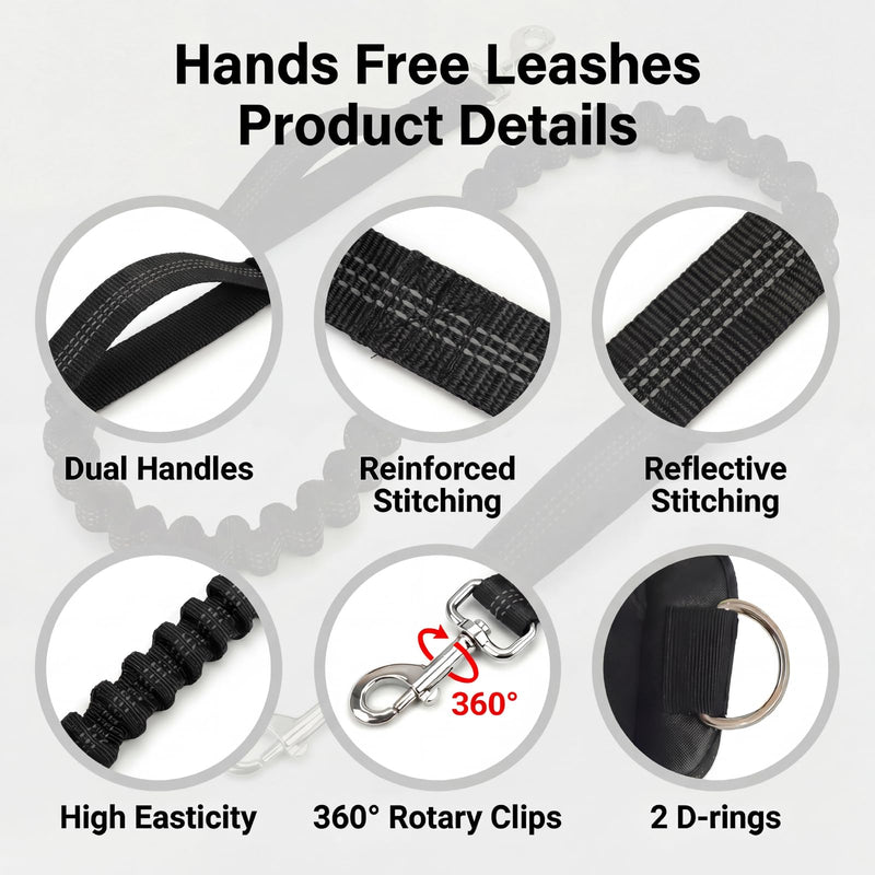 Hands Free Dog Leash 3 Zip Pounchs with Reflective Strips Poop Bag Dispenser,Waist Belt Fanny Pack Waterproof,Dual Handles and Durable Bungee for Dog Walking,Jogging and Running (black-black) black-black