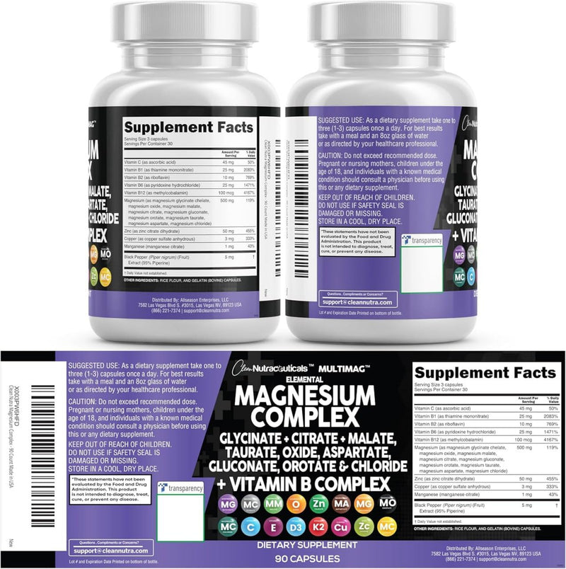 Clean Nutraceuticals Magnesium Complex with Magnesium Glycinate Citrate Malate Oxide Taurate Aspartate Orotate & Mag Chloride, Zinc Copper Manganese & Vitamin C B1 B2 B6 B12 Complex - 1Pack 90 Count (Pack of 1)