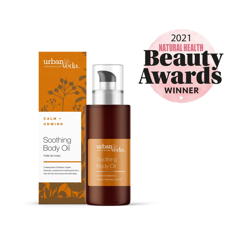 Urban Veda Soothing Body Oil | COSMOS Certified Body Massage Oil for Sensitive Skin | Organic Vitamin E Oil & Sweet Almond Oil for Skin | Calming and Soothing Body Oil for Women and Men | 3.40 Fl oz Sandalwood & Rosemary Oil