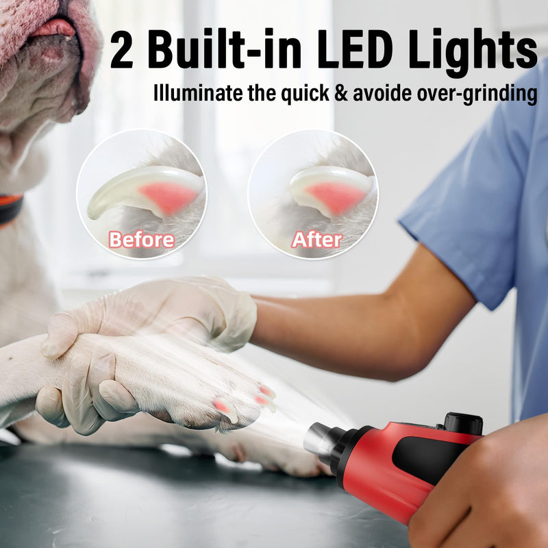 Casfuy Smart 6-Speed Dog Nail Grinder - 50% More Power Pet Nail Grinder with 2 LED Lights Quiet Rechargeable Electric Dog Nail Trimmers File Toenail Grinder for Large Medium Small Dogs & Cats (Red) - BeesActive Australia